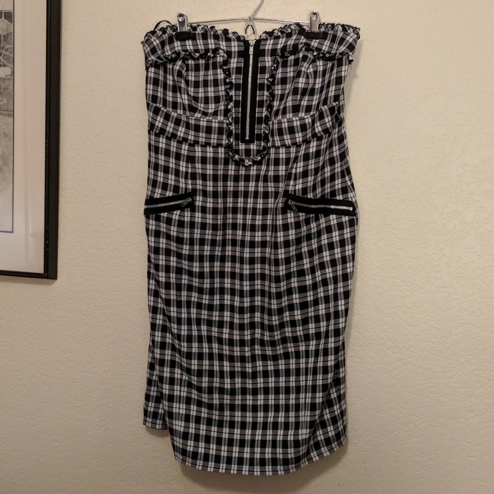 💠Plaid and ruffles zipper strapless dress